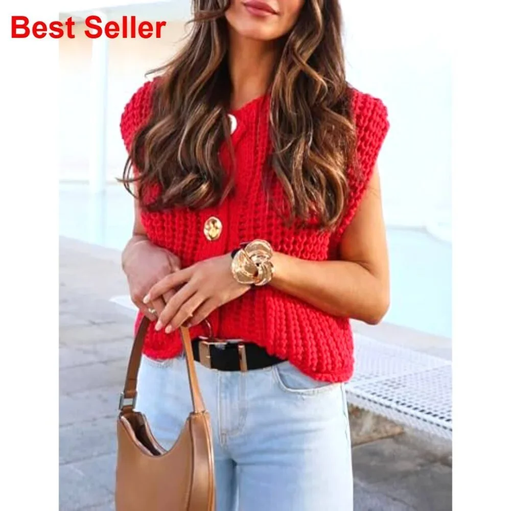 Sleeveless Crop Knit Cardigan Vest with Pockets Casual Button Down